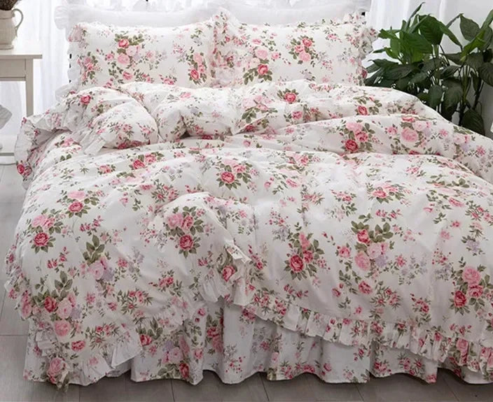 Garden Flower Print King Size Bedding Set Ruffle Duvet Cover Bed Sheet Princess Bed Linens Bedding Set Queen Comforter Sets