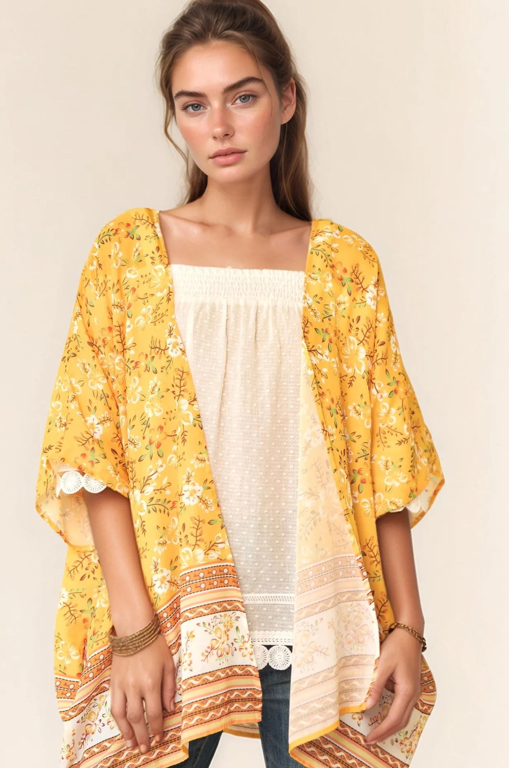 Boho Floral Kimono Beach Cover Up with Scalloped Trim