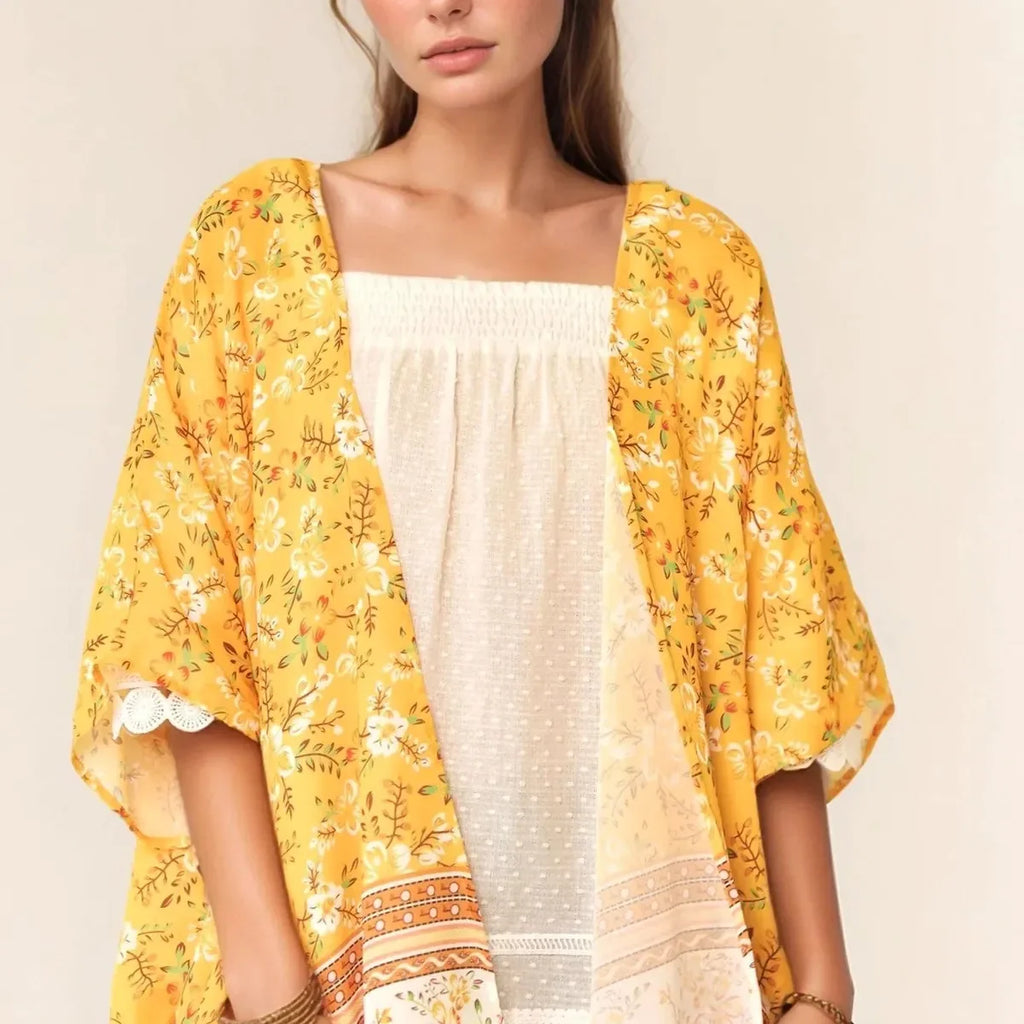 Boho Floral Kimono Beach Cover Up with Scalloped Trim