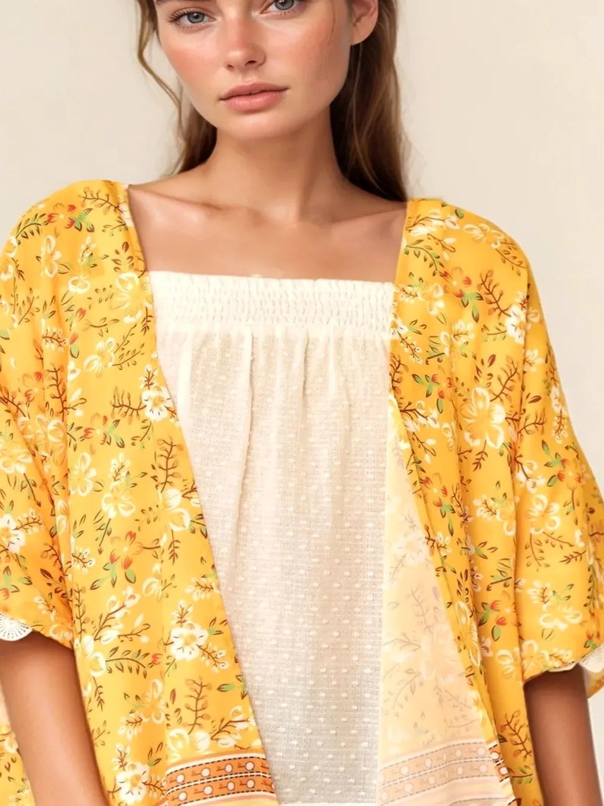 Boho Floral Kimono Beach Cover Up with Scalloped Trim