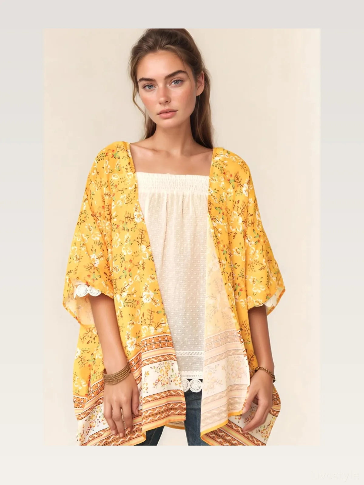 Boho Floral Kimono Beach Cover Up with Scalloped Trim