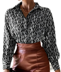 Elegant Black and White Patterned Satin Button Up Blouse