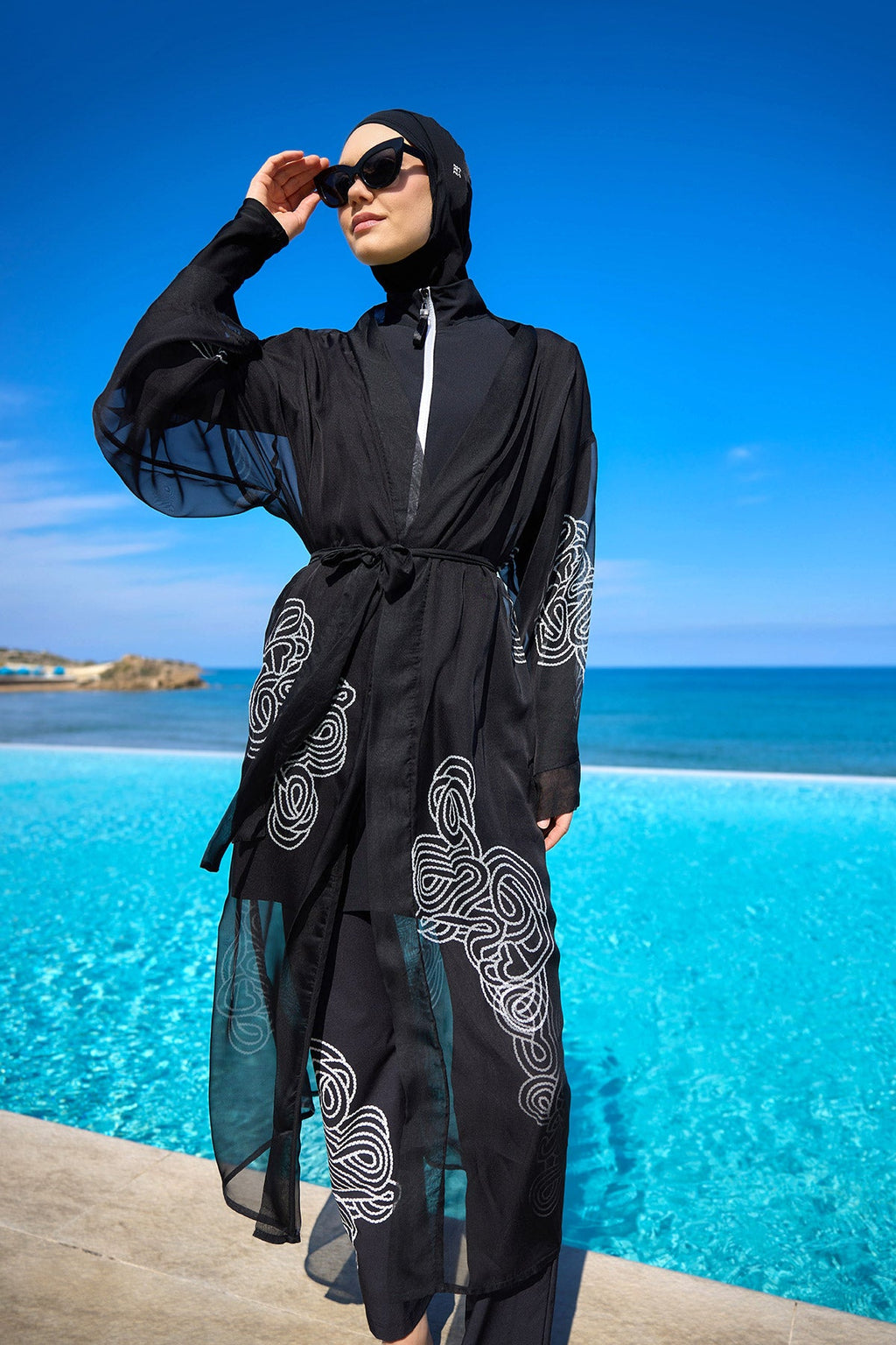 Marina Black & White Damask Chiffon Kimono - P2515