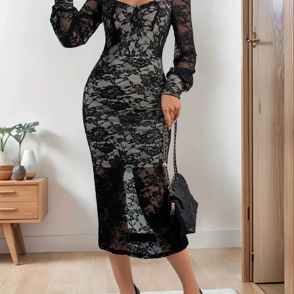 Lace Sweetheart Neck Long Sleeve Midi Dress
