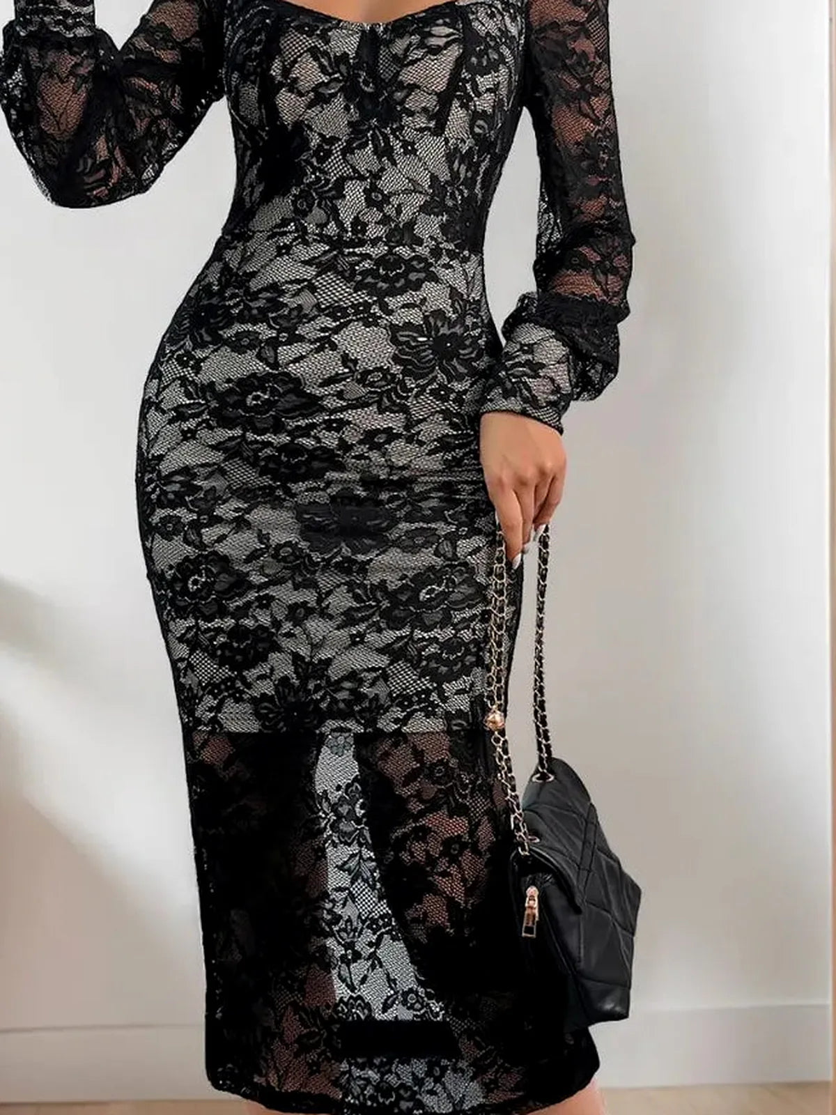 Lace Sweetheart Neck Long Sleeve Midi Dress