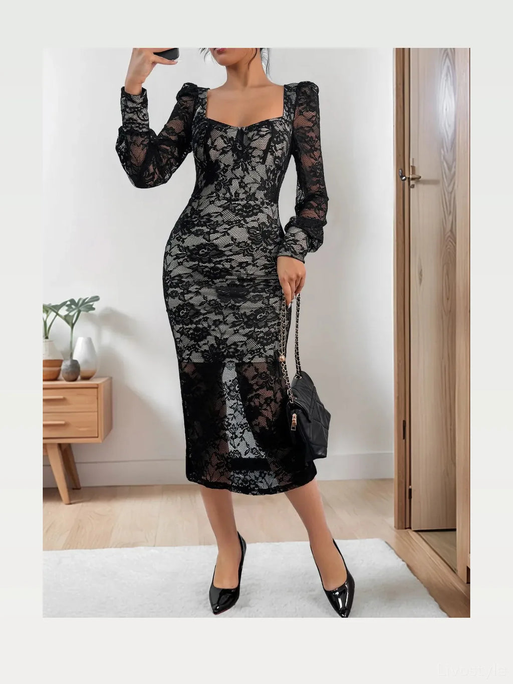 Lace Sweetheart Neck Long Sleeve Midi Dress