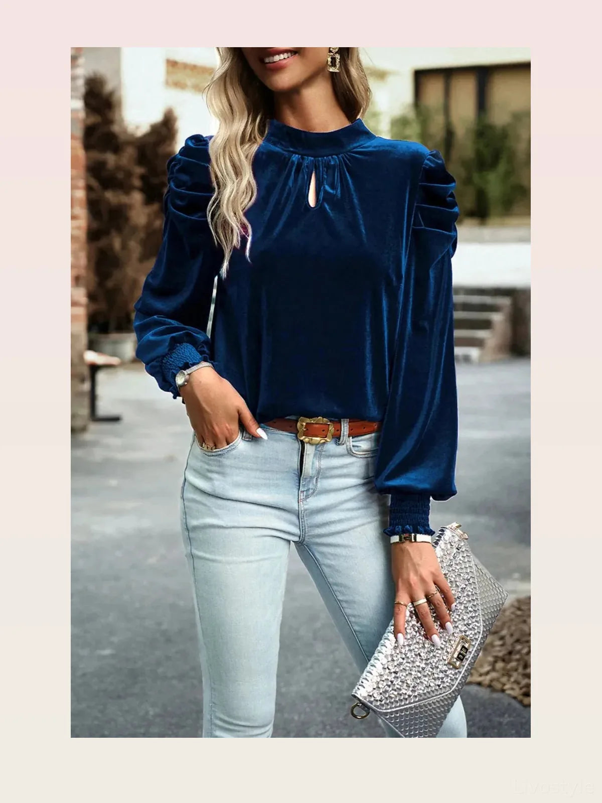 Tie Up Mock Neck Velvet Fabric Long Sleeve Blouse